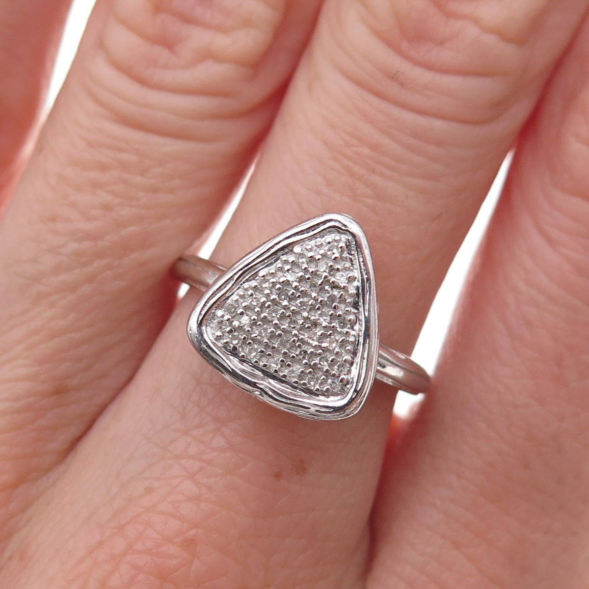 925 Sterling Silver Real Round-Cut Diamond Triangle Ring Size 7