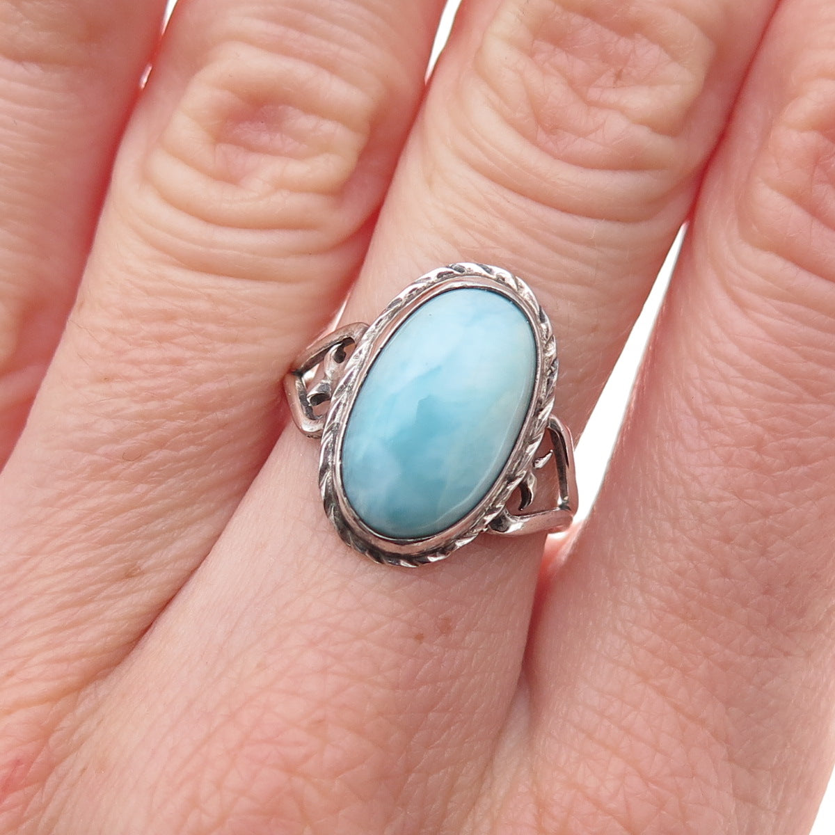 925 Sterling Silver Vintage Real Larimar Heart Oxidized Ring Size 6.75