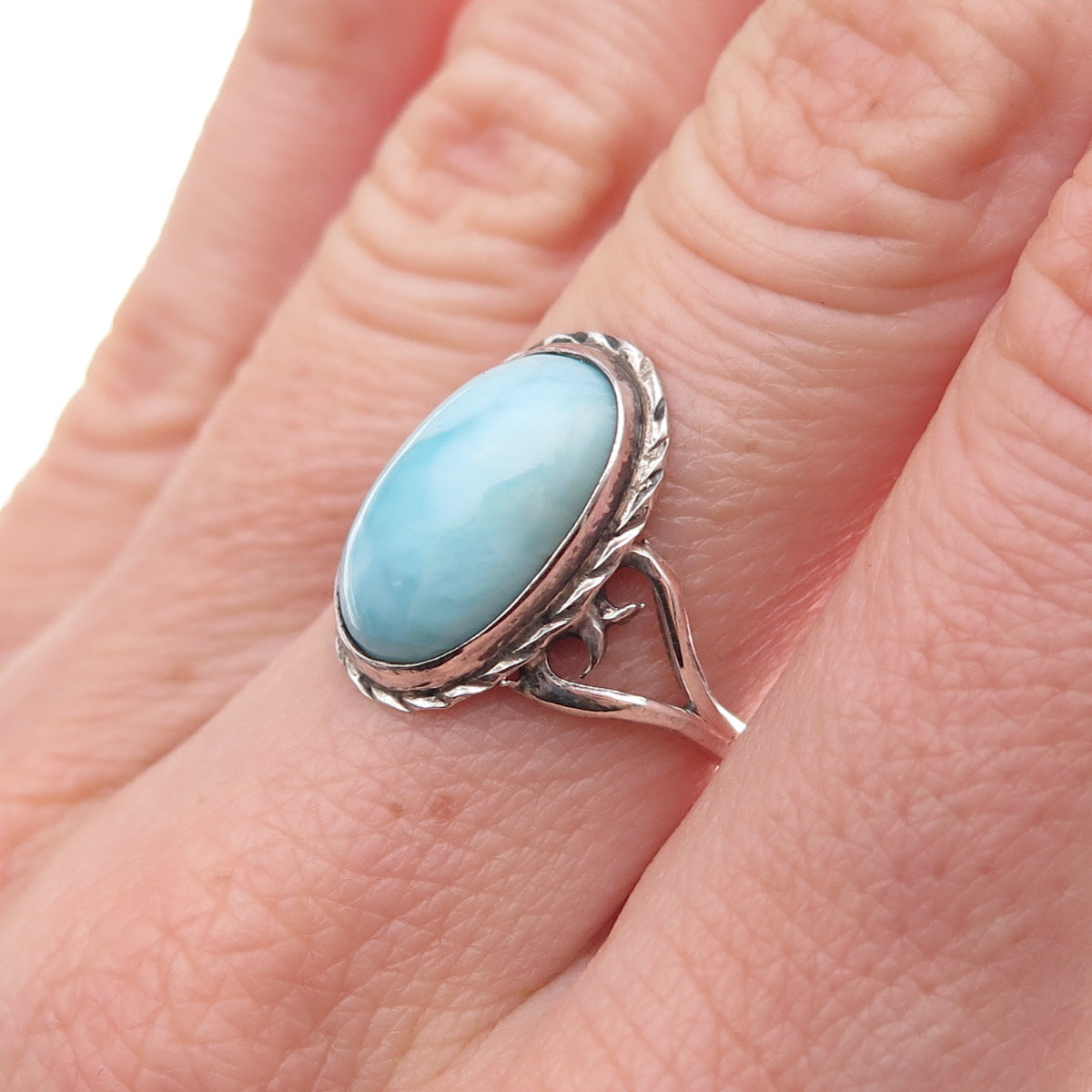 925 Sterling Silver Vintage Real Larimar Heart Oxidized Ring Size 6.75
