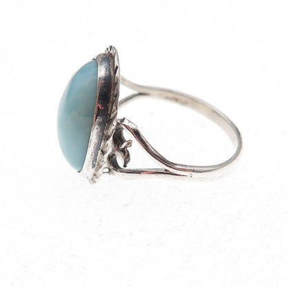 925 Sterling Silver Vintage Real Larimar Heart Oxidized Ring Size 6.75